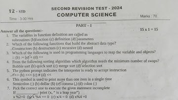12th Computer science||Second revision exam 2024||Question paper and answer key