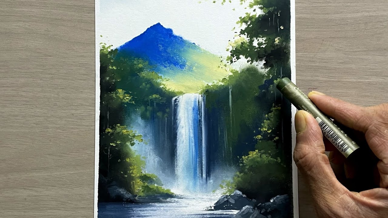 Mountain waterfall - pastel painting idea