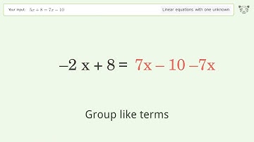 Linear equation with one unknown: Solve 5x+8=7x-10 step-by-step solution