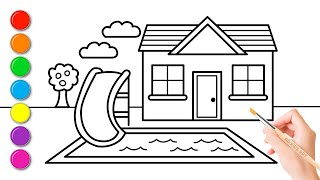 Drawing Cute House With A Pool, All Little Home Designers! Let's Build a Dream Oasis!