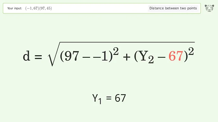 Find the distance between two points p1 (-1,67) and p2 (97,45): Step-by-Step Video Solution
