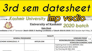 Kashmir University declared datesheet of  bg 3rd sem ||  full details 3rd sem