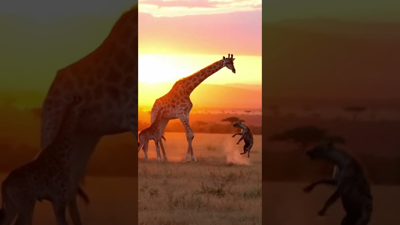 Mother Giraffe Defends Her Baby Against Hyena Attack With A Powerful Kick