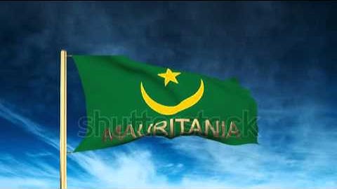 Mauritania flag slider style with title. Waving in the wind with cloud background animation Stock