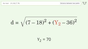 Find the distance between two points p1 (18,36) and p2 (7,70): Step-by-Step Video Solution