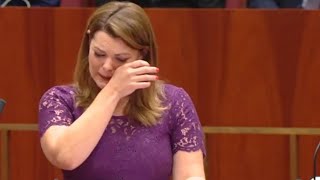 Australian senator Sarah Hanson-Young cries during same-sex marriage debate