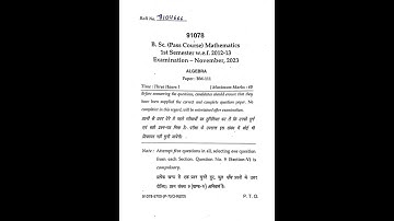 MDU B.Sc (Pass Course) 91078 1st Sem Mathematics (Algebra) Nov 2023 Question Paper
