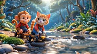 Tiny Monkey and Cat Driving Mini Cars Through Jungle