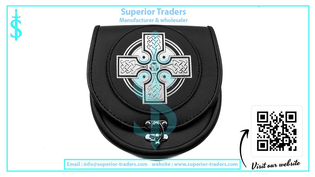 Genuine leather sporran made from fine leather with beautiful Celtic print, Custom sporran crafter.