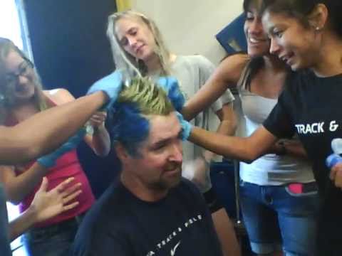 Coach Boyles getting his hair dyed by the CSUB wom...