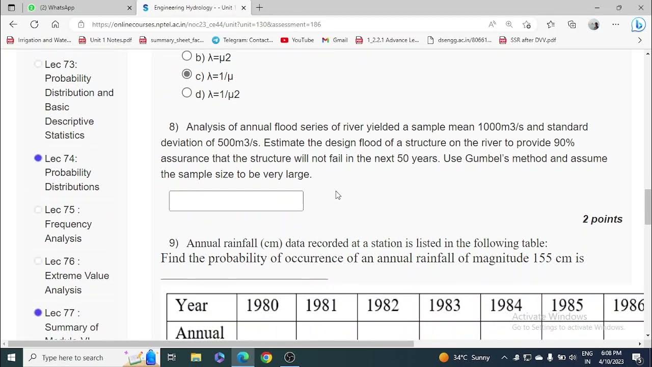 NPTEL Engineering Hydrology Week 11 Assignment 11 nptel YouTube