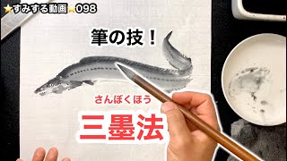 一筆で綺麗な墨のグラデーションが出せる！　すみする動画098　三墨法で鱧(ハモ )を描く