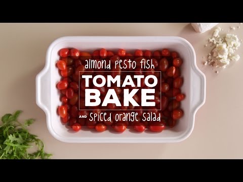 Almond Pesto Fish with Tomato Bake and Spiced Orange Salad. A Publix Aprons recipe.