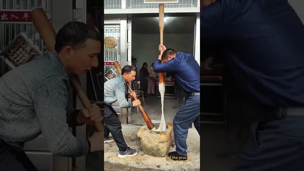 "Traditional Rice Cake Making: Hand-Pounding Glutinous Rice"