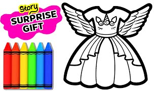 How to draw a Cute Dress for kids - Story: SURPRISE GIFT - Unicorn Dress Drawing and Coloring page