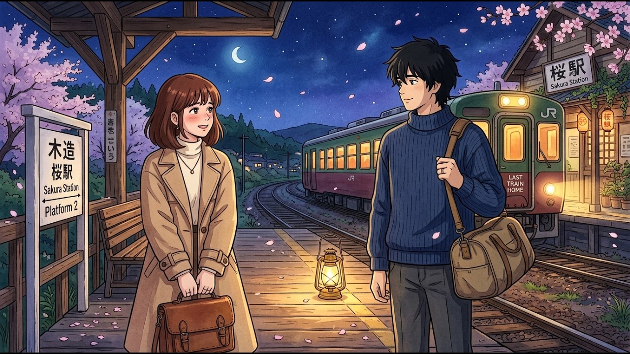 Waiting for the last train home | Gentle first love 🚉🌸 | Cozy Ghibli Style Animation