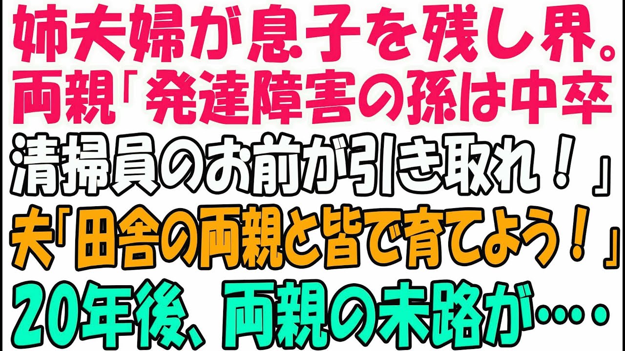 姉夫婦が息子を残して他界。両親「発達障害の孫は中卒のお前が引き取れｗ」夫「田舎の両親とみんなで育てよう」→20年後、半狂乱の両親が突然やってきて…