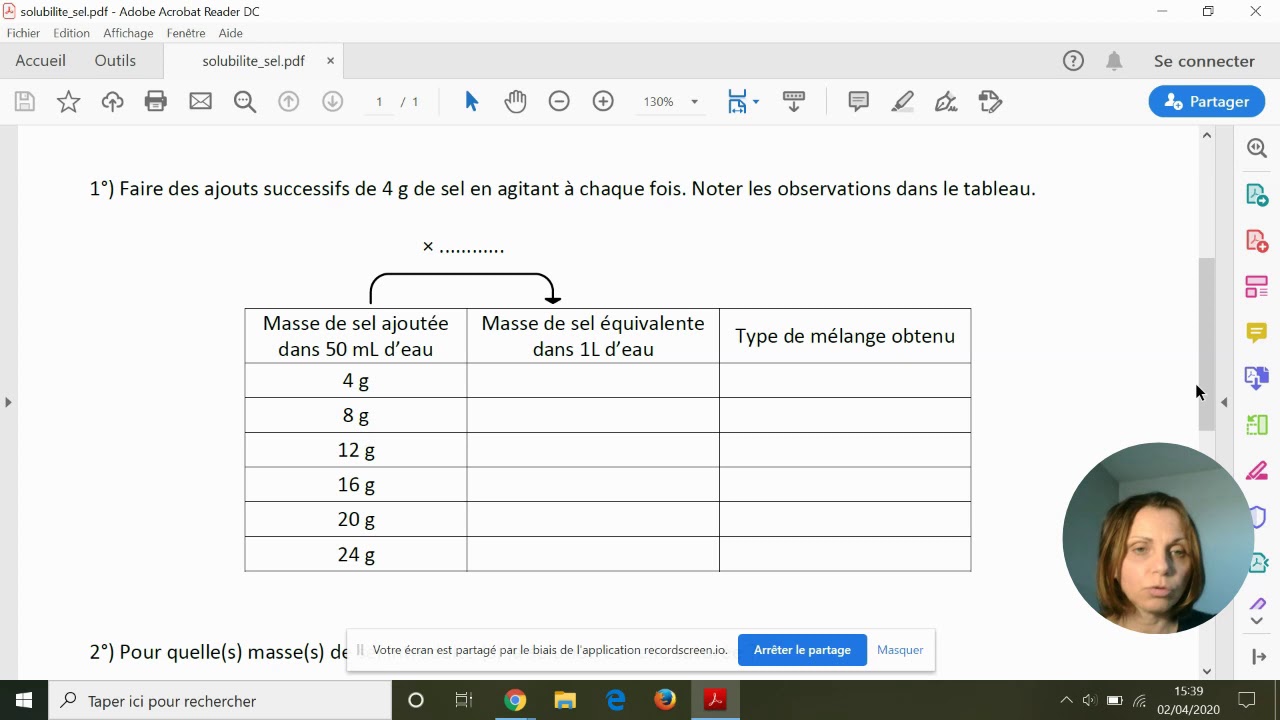 Solubilité du sel dans l'eau Consignes YouTube