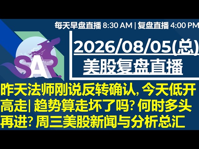 美股直播08/05[复盘] 昨天法师刚说反转确认, 今天低开高走| 趋势算走坏了吗? 何时多头再进? 周三美股新闻与分析总汇