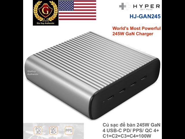 Củ sạc để bàn HyperJuice GaN công suất 245W HJ-GAN245 04 USB-C PD/PPS/QC4+ 100W nhỏ nhất thế giới