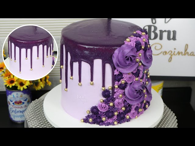 🎂LINDA DECORAÇÃO DE BOLO LILAS COM GANACHE ESCORRIDA COLORIDA 💜 Amanda  Bolos Confeitaria Artesanal 