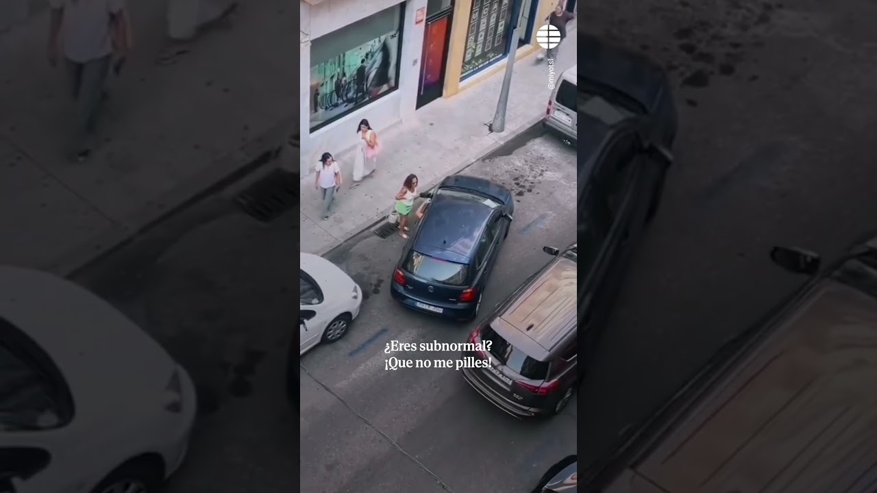 Tremenda bronca entre una mujer que guarda de pie un hueco para aparcar y un conductor #viralvideo