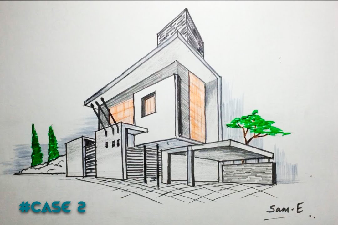 2 point perspective house  case2 architectural freehand 