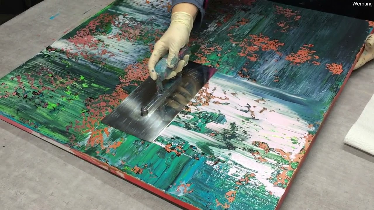 Rakeltechnik als Upcycling | abstrakte Acrylmalerei | mit Schwarz, Reflexfarben und Goldmixtur