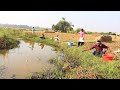 Fishing  boys and girls fishing in village canals using different types of food  hook trap