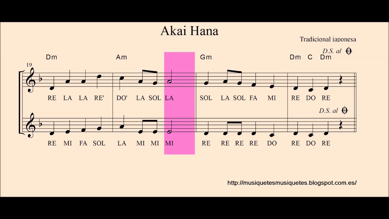 Akai Hana.  Partitura flauta, violín, oboe,... + audio  mejorado. SI melodía. C instruments.