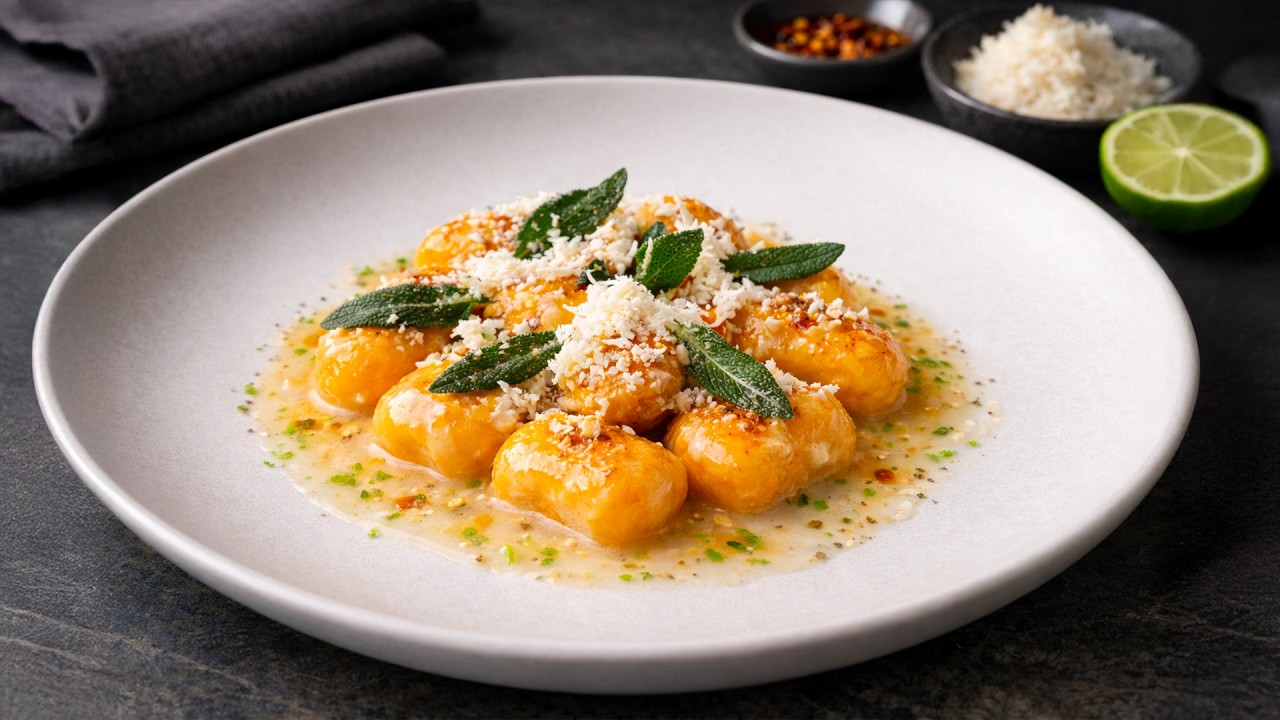 Gnocchi di Zucca gourmet: burro nocciola, salvia croccante e lime