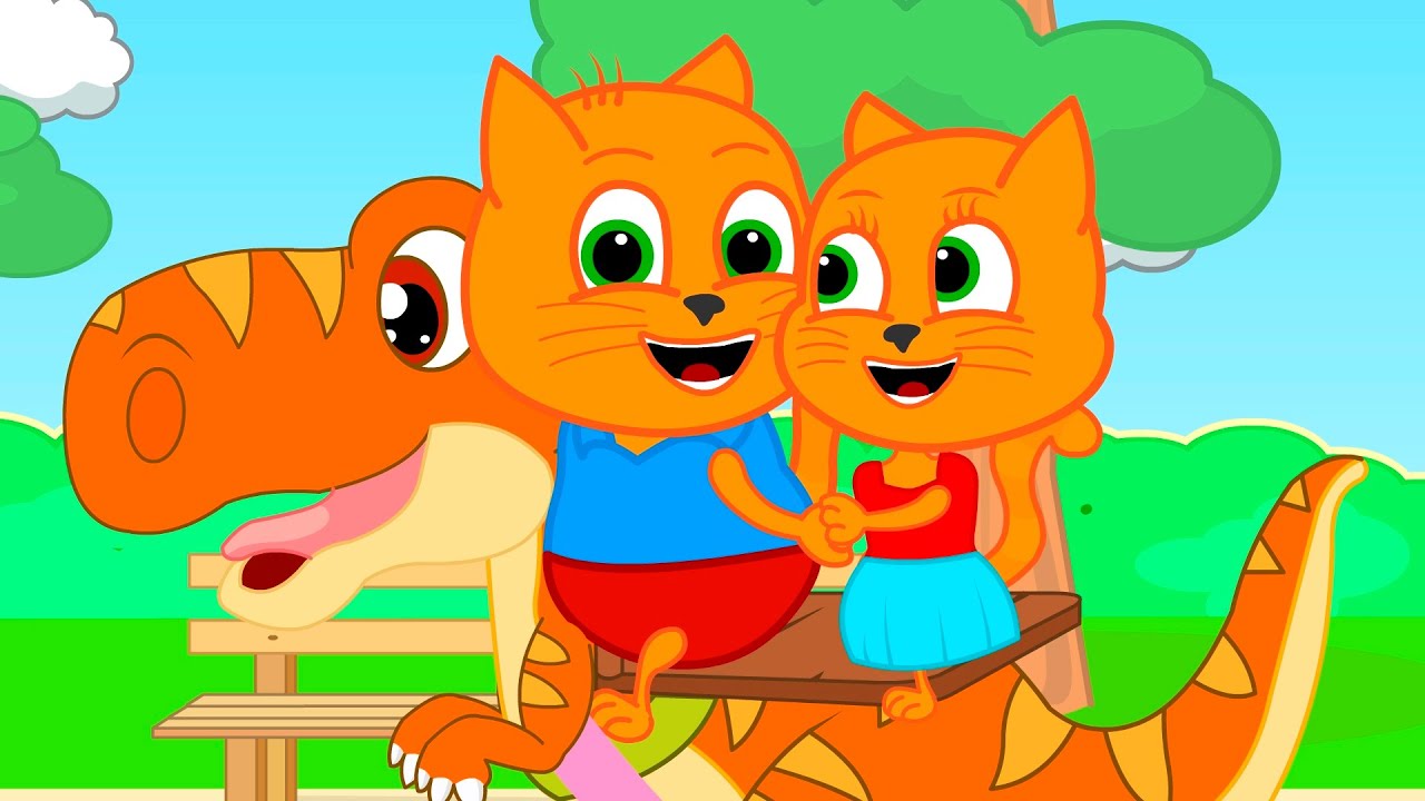 Cats Family in English - Walking with a Dinosaur Cartoon for Kids