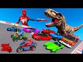 Spiderman &amp; superheroes Race Challenge Against A Giant T-Rex Dinosaur!! By Super Cars, Tank, jeep