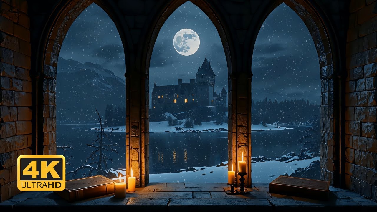 Winter Castle Window View – Soft Wind and Candlelight Ambience 4K For Study and Relaxation