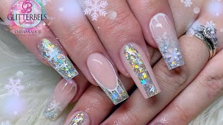 Frosty acrylic nails with colour block using glitterbels