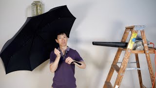 Testing out a Davek Umbrella with a Leaf Blower
