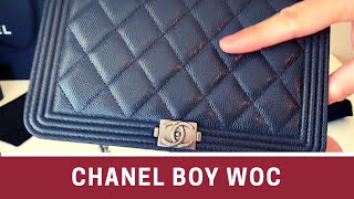 CHANEL Lambskin Quilted Boy Wallet On Chain WOC Navy 85134