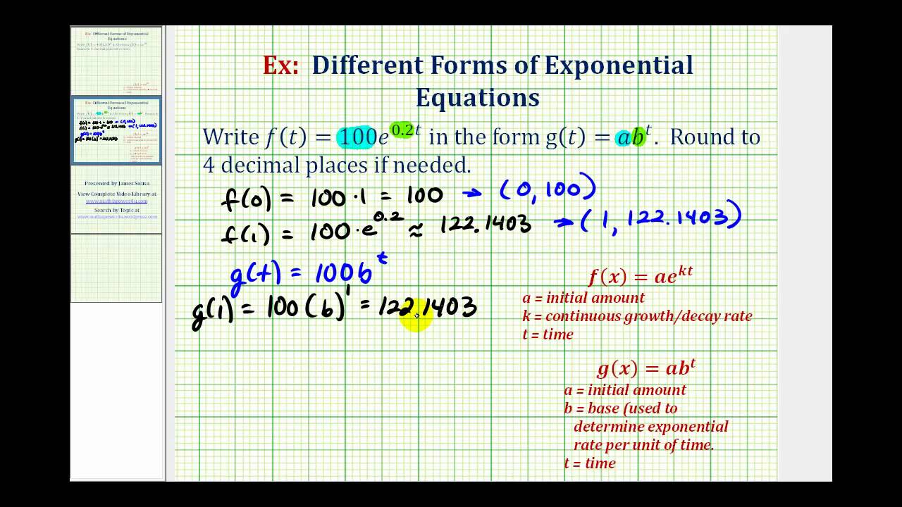 Ex Rewrite Exponential Functions Y Ae Kt To Y Ab T Youtube