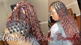 Cranberry Color Spanish Curl Boho Knotless Box Braids | YWigs