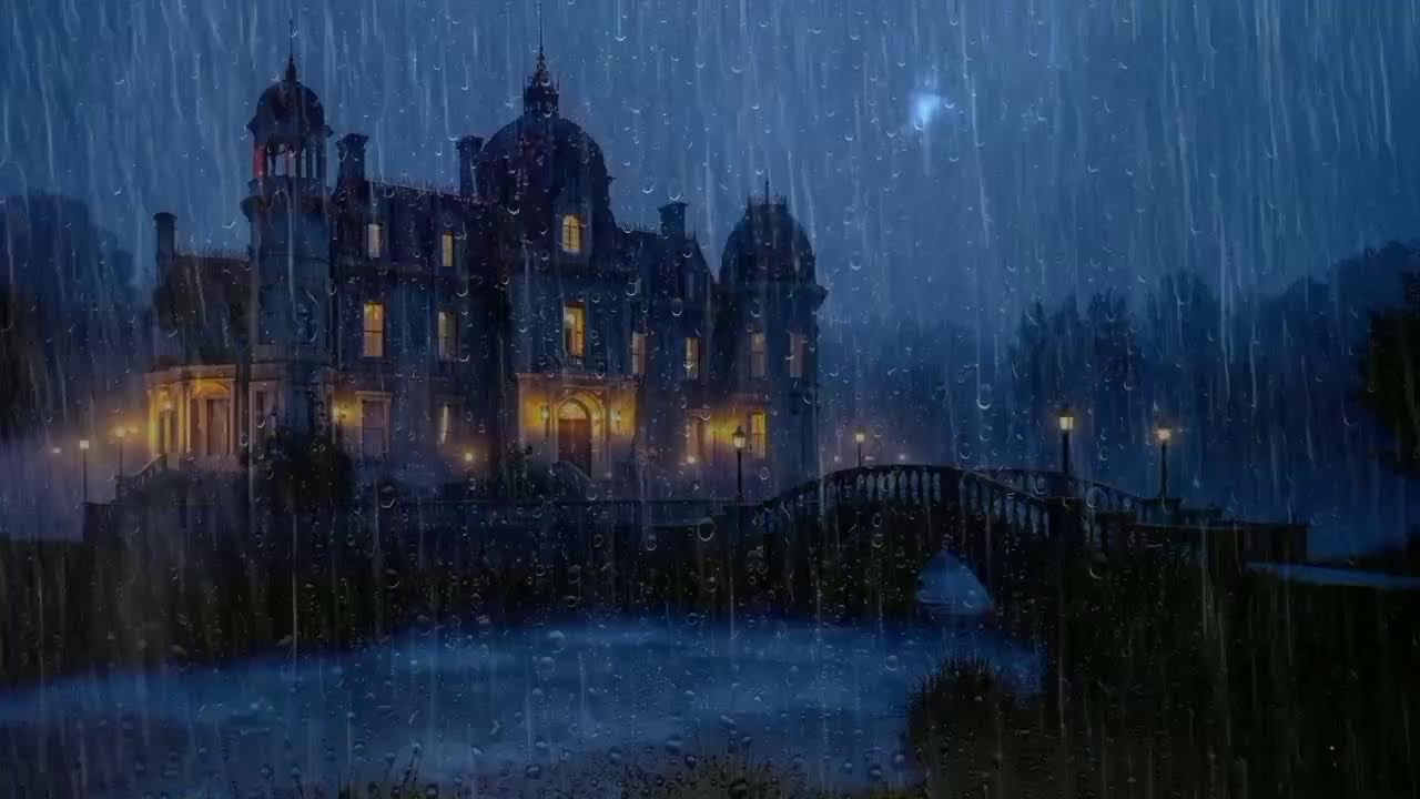 Rainy Night by the Waterfall Manor | Natural Rain Ambience for Insomnia | rain sounds for sleep USA