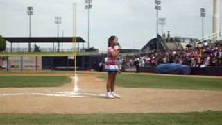 Amazing 8 Year Old Athena performs National Anthem at Jonas Brothers Charity Kickball Game