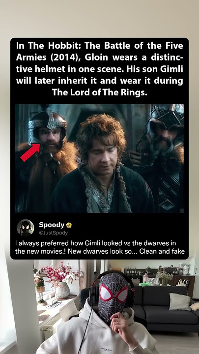 In The Hobbit The Battle of the Five Armies (2014), Gloin wears a distinctive helmet when Bilbo