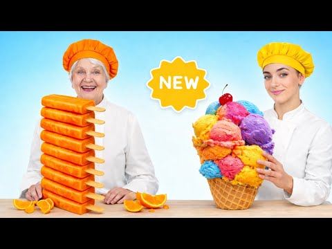 Desafio do sorvete da vovó contra o chef! Torre de picolés vs Gelato gigante da 123 GO!