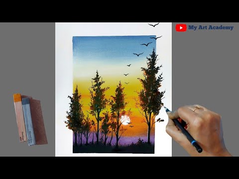 Soft Pastel Drawing | Using only 5-6 Colors draw Beautiful Scenery (step by step) - Sunset Painting
