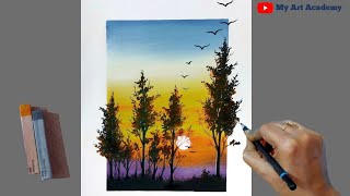 Soft Pastel Drawing | Using only 5-6 Colors draw Beautiful Scenery (step by step) - Sunset Painting screenshot 2