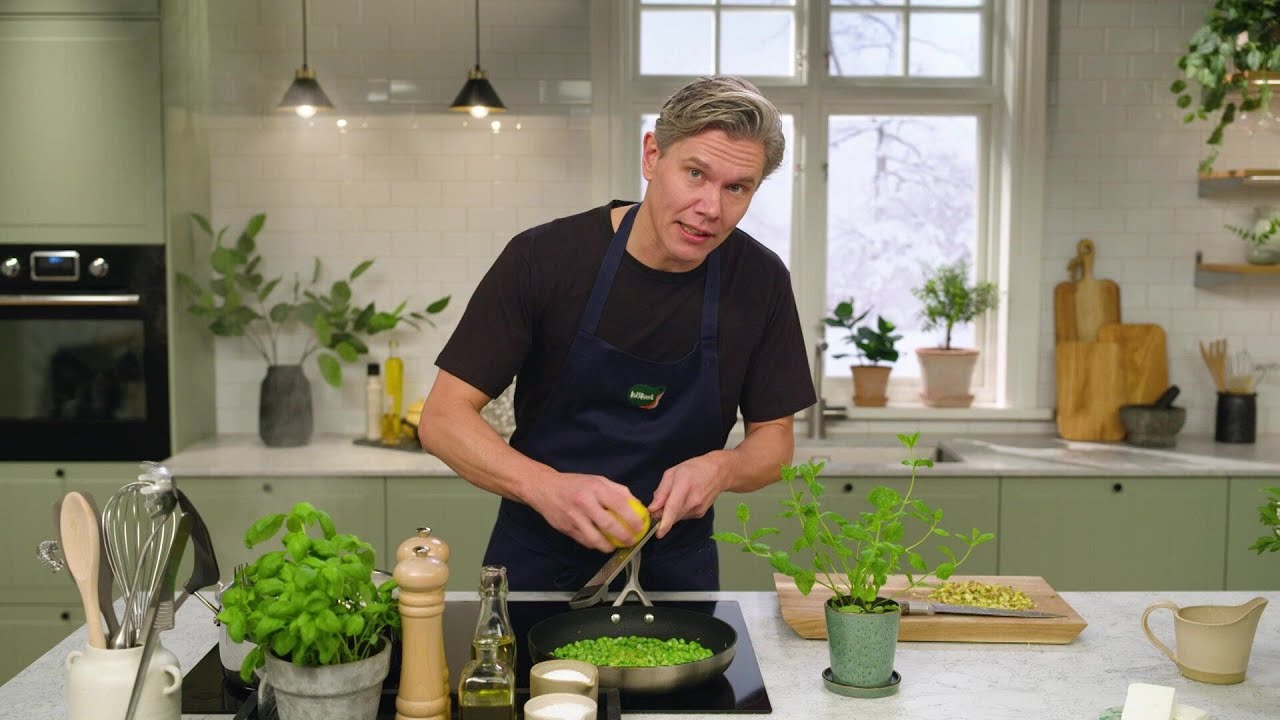 Pasta med ärtor, mynta, fetaost och pistage - Köket
