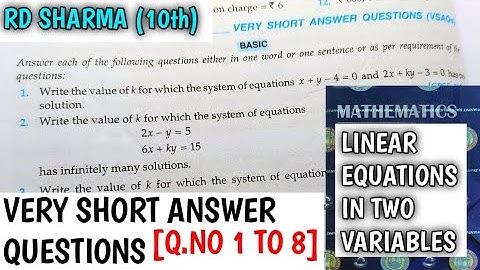 RD SHARMA CLASS 10 LINEAR IN TWO VARIABLES VERY SHORT ANSWER QUESTIONS [Q.NO-1 TO 8] | MATH FEAR