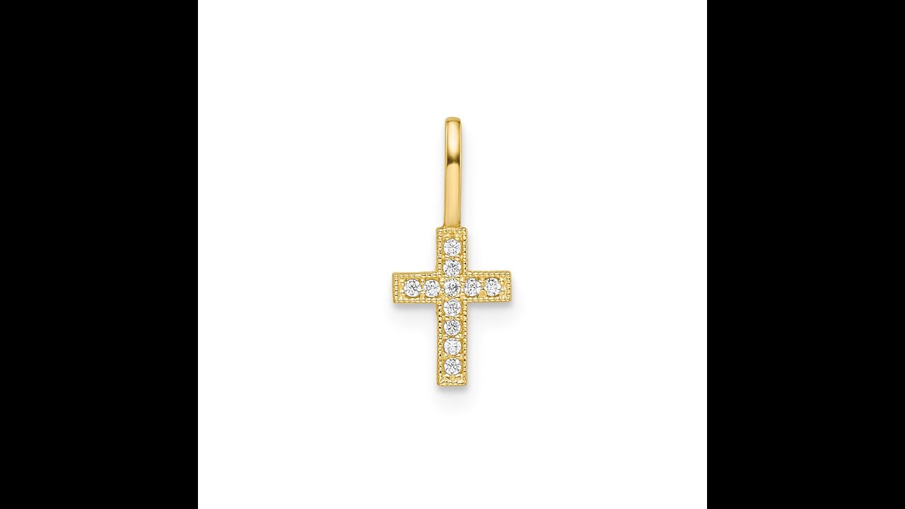 14k Yellow Real Gold CZ Stone Cross Pendant, 8x6mm