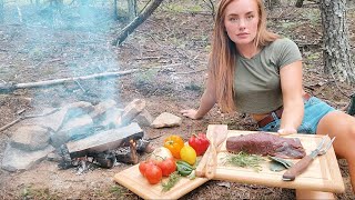 Venison Tenderloin cooked Caveman style on campfire solo in the woods. ASMR cooking. No talking.