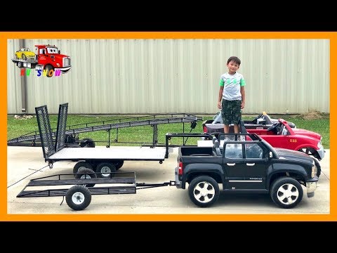 Kruz Playing With His Custom Built Trailers and Powered Ride On Trucks and Cars